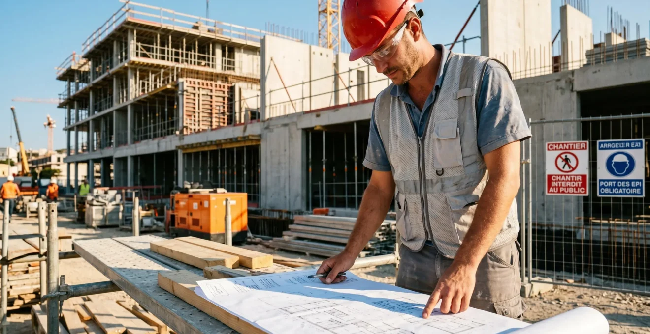 Travailleur du BTP portant une veste rafraîchissante grise sur un chantier extérieur en été, consultant des plans de construction, structure en béton en arrière-plan sous lumière naturelle forte.