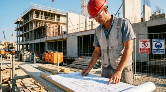 Travailleur du BTP portant une veste rafraîchissante grise sur un chantier extérieur en été, consultant des plans de construction, structure en béton en arrière-plan sous lumière naturelle forte.